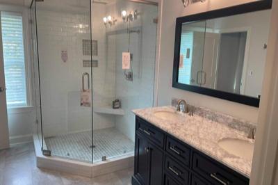 custom shower enclosure with upscale vanity